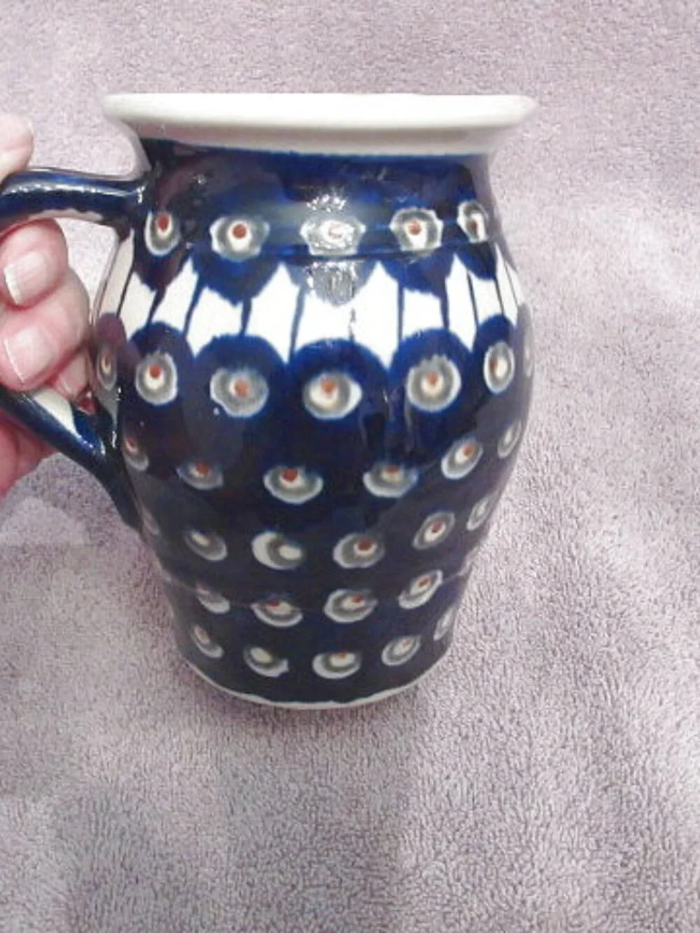 Polish Pottery Blue Eyed Peacock Pitcher Creamer Boleslawiec Painted Stoneware